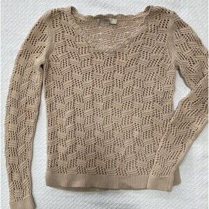 Loft Ann Taylor Beige Open Knit Crochet Sweater V-Neck 100% Cotton Women's M